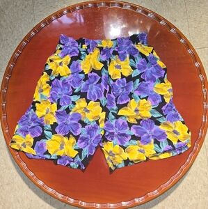 Vintage 90s Floral Red Hot Purple Yellow Flowy Midi Shorts Culottes Size Medium